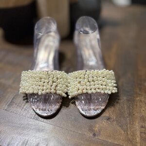 EUC Tory Burch TATIANA Beaded PEARL Tweed Slide Sandals SZ 8.5